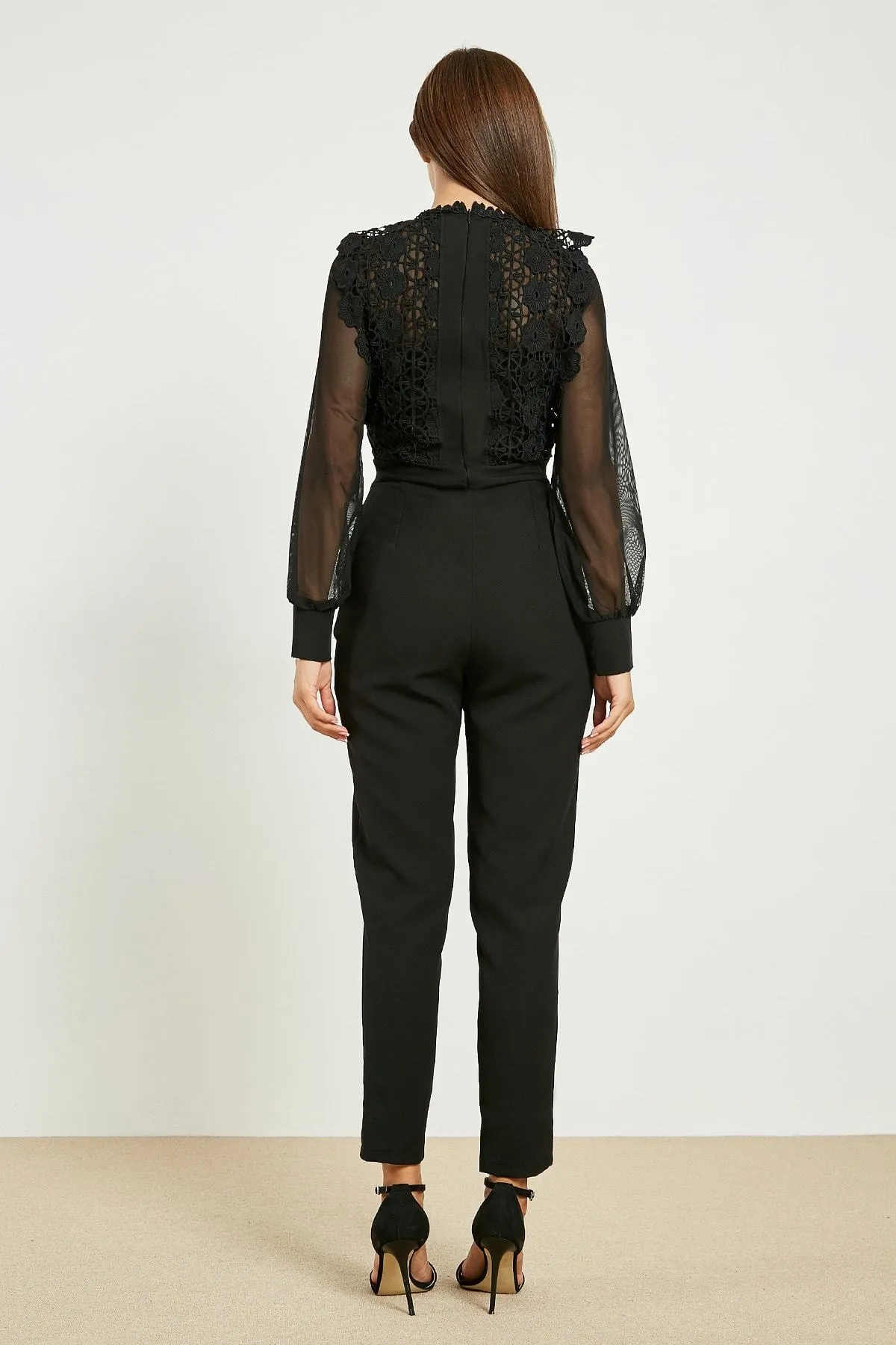 13670 Black Lace Sheer Sleeve Jumpsuit