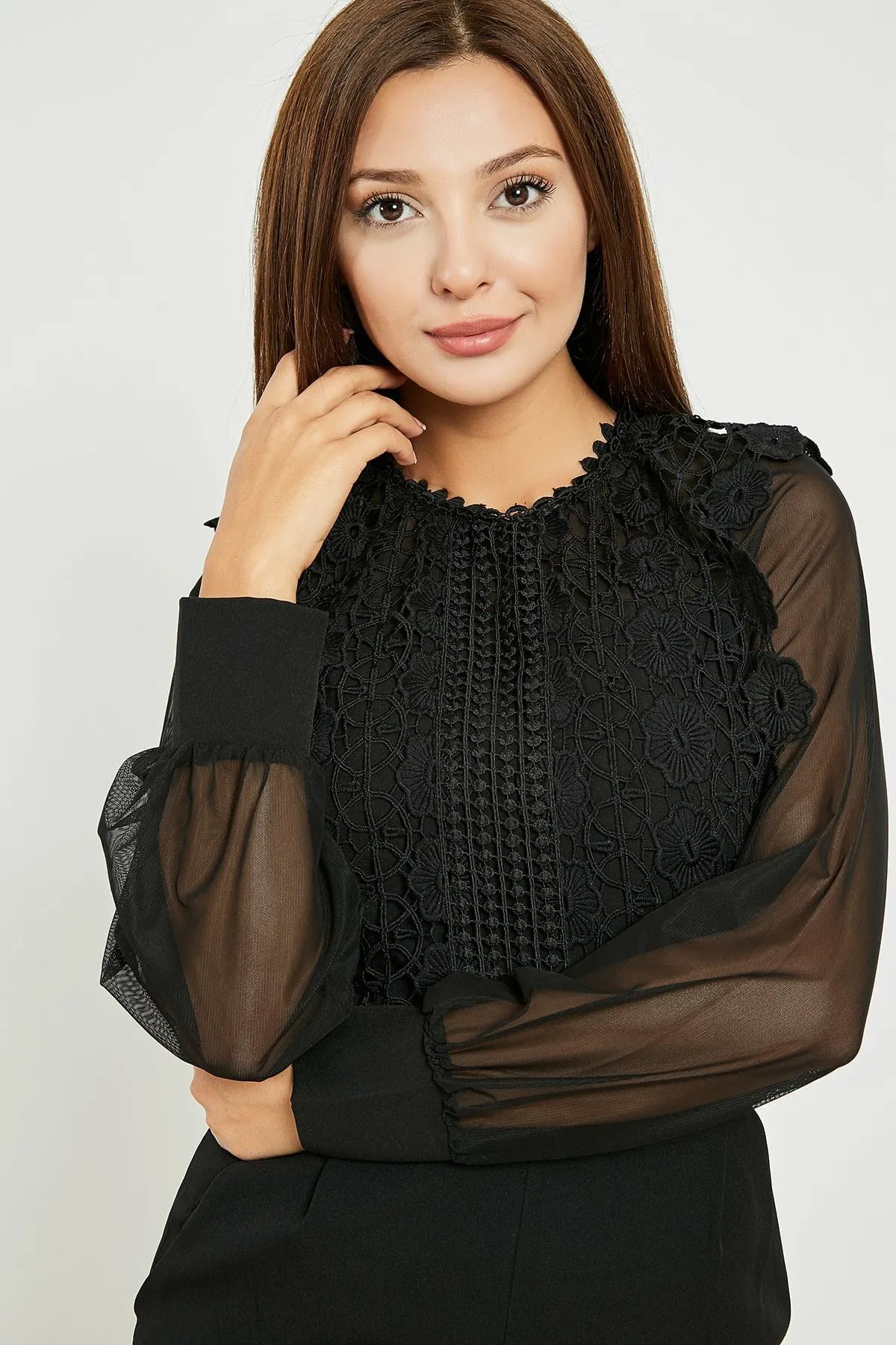 13670 Black Lace Sheer Sleeve Jumpsuit