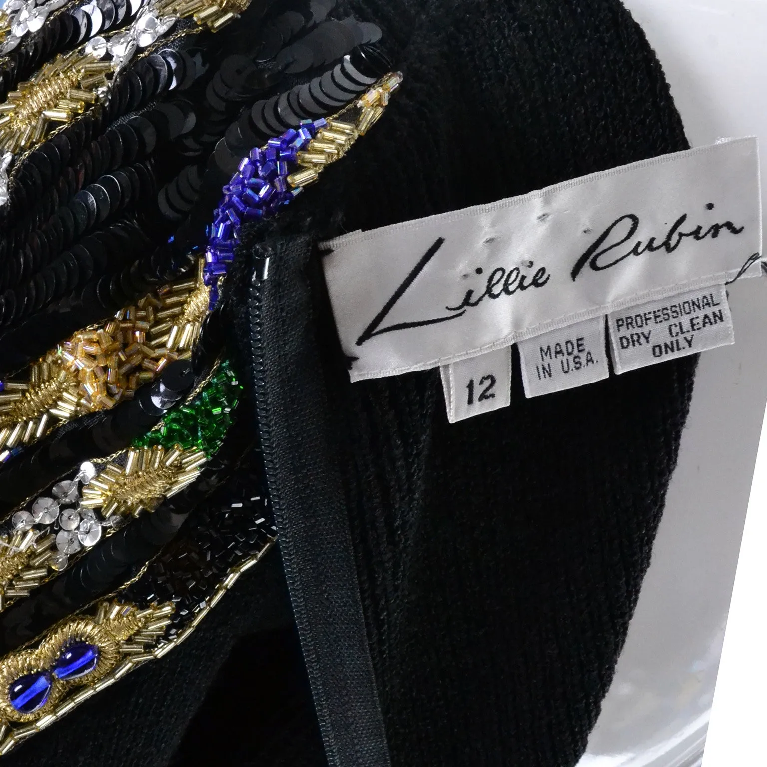 1980s Lillie Rubin Vintage Black Knit Dress Gorgeous Beading Made in USA