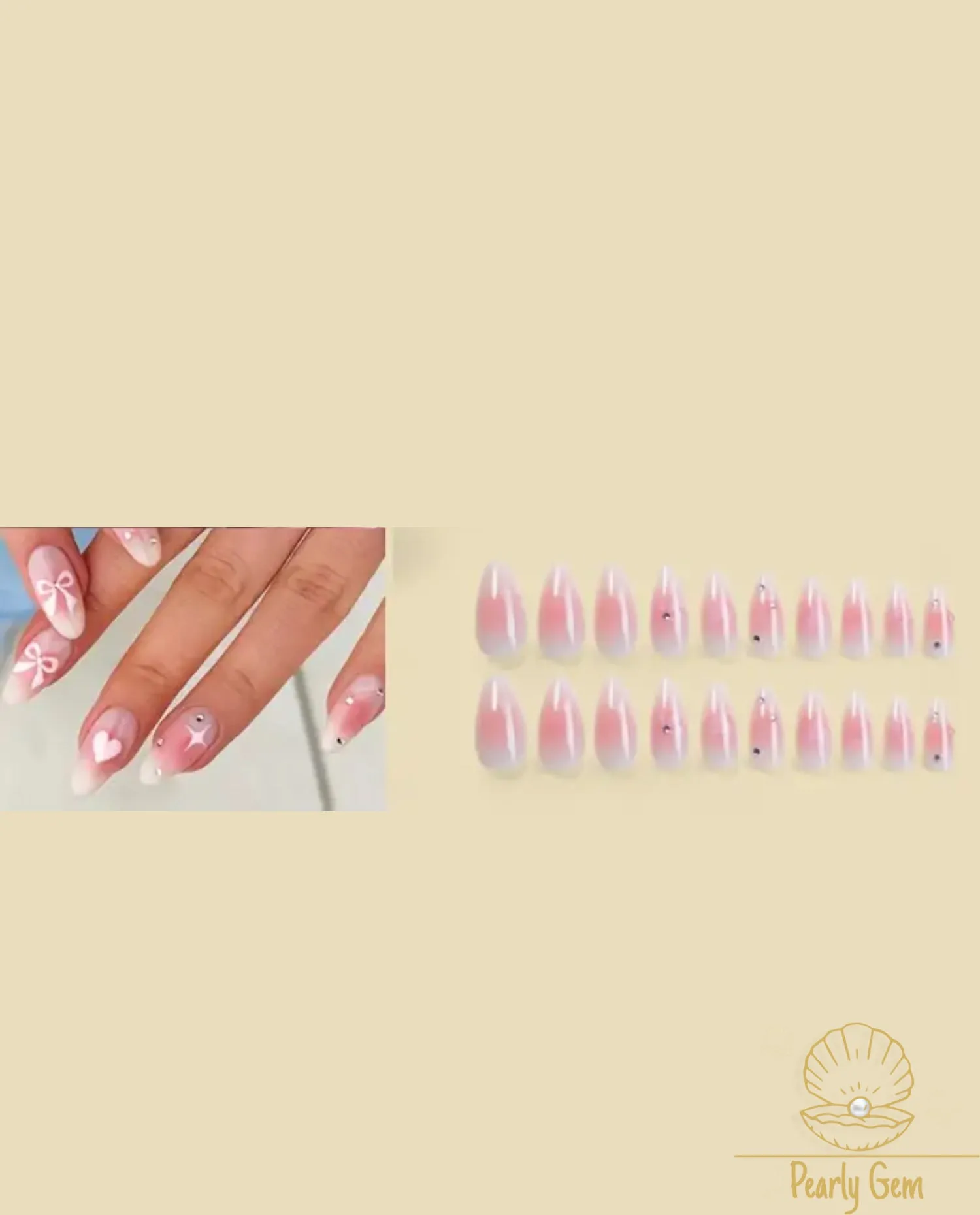 24PCS White & Pink French Press-On Nails – 3D Bow, Heart & Rhinestone Designs | Long Almond Shape Bridal & Party-Ready Manicure Kit, Hypoallergenic & Reusable