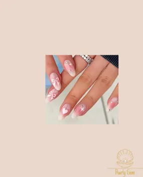 24PCS White & Pink French Press-On Nails – 3D Bow, Heart & Rhinestone Designs | Long Almond Shape Bridal & Party-Ready Manicure Kit, Hypoallergenic & Reusable