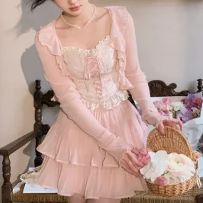 Aiertu - Fragrant Delicate Posy Petals Top with Cardigan and Optional Skirt Dress Set Kawaii Academia Y2K Cottagecore Coquette Fairycore Dollette Princesscore Bottoms