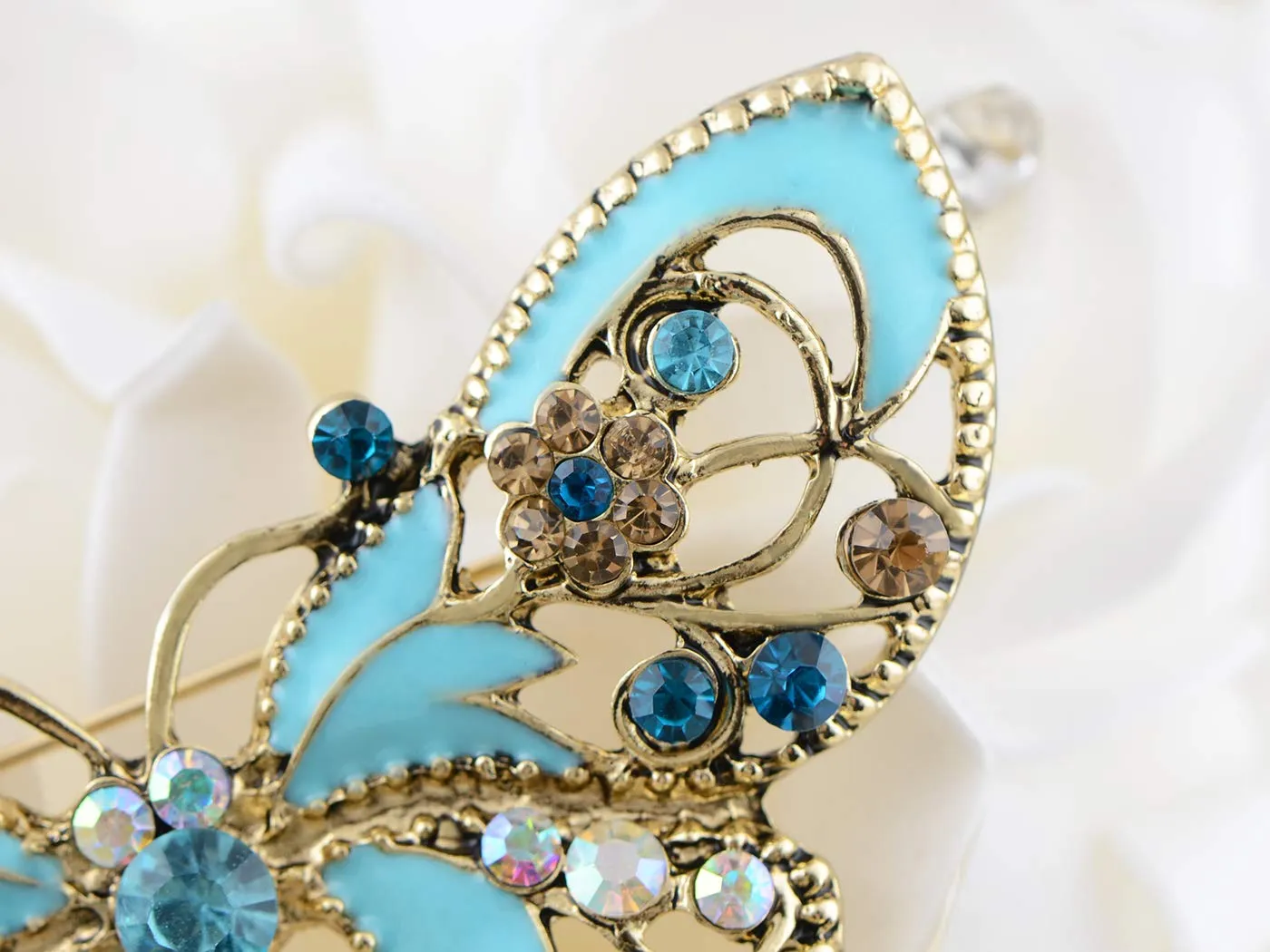 Alilang Antique Golden Aquamarine Blue Colored Rhinestones Butterfly Brooch Pin