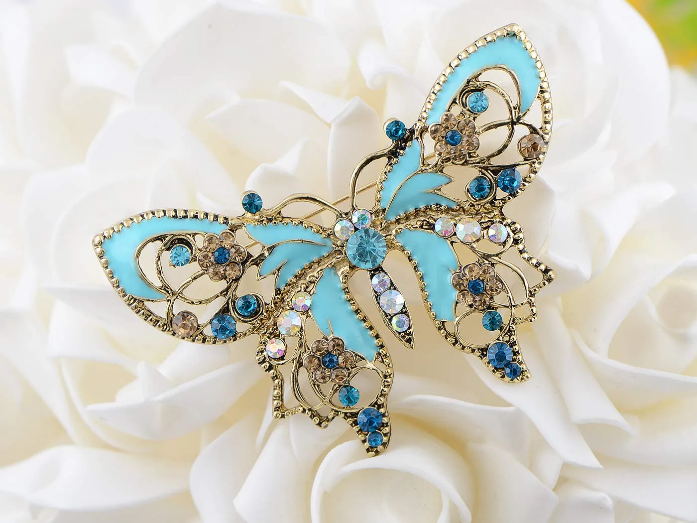 Alilang Antique Golden Aquamarine Blue Colored Rhinestones Butterfly Brooch Pin