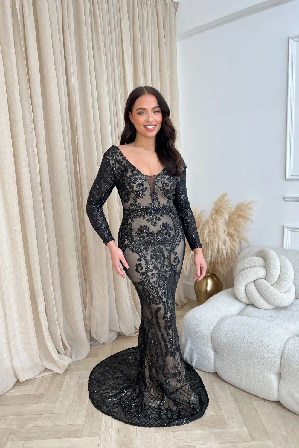 Annabella Black V Back Floral Plunge Sequin Fishtail Dress