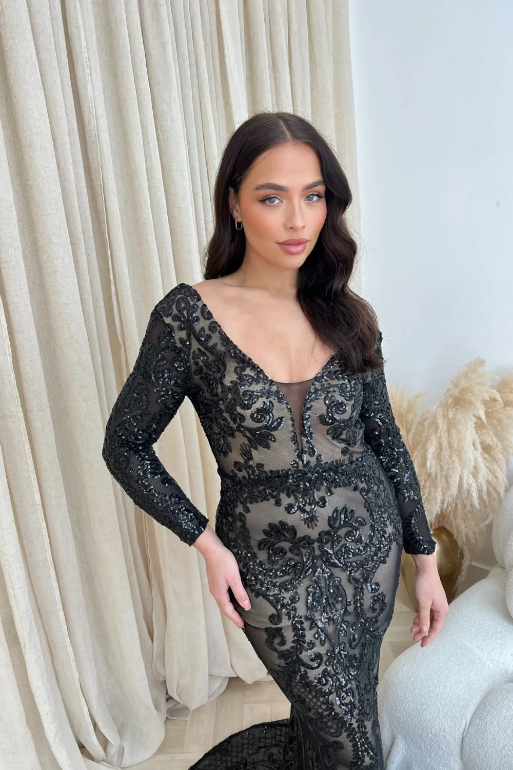 Annabella Black V Back Floral Plunge Sequin Fishtail Dress