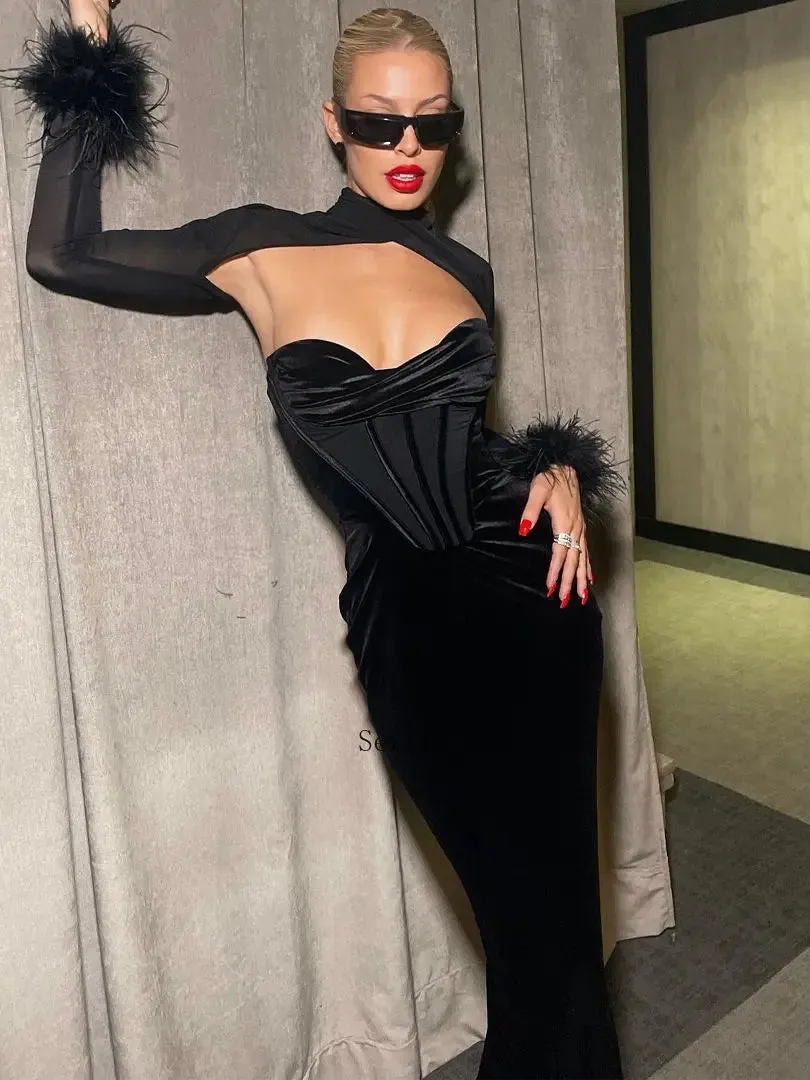 Elegant Mesh See Through Maxi Dress with Corset Detail