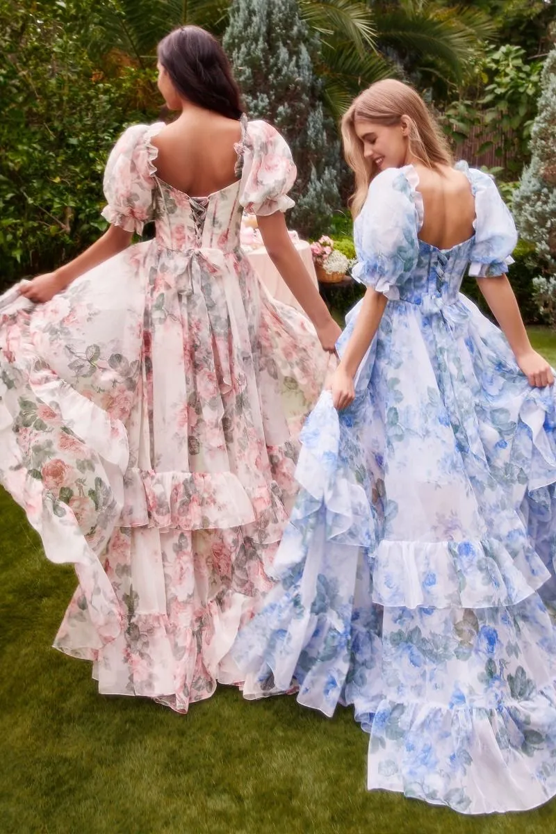 FLORAL PRINTED RUFFLE GOWN CDA1336