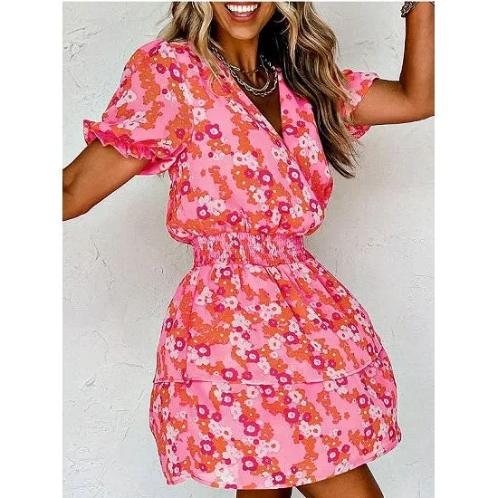 Floral V Neck Ruffle Dress