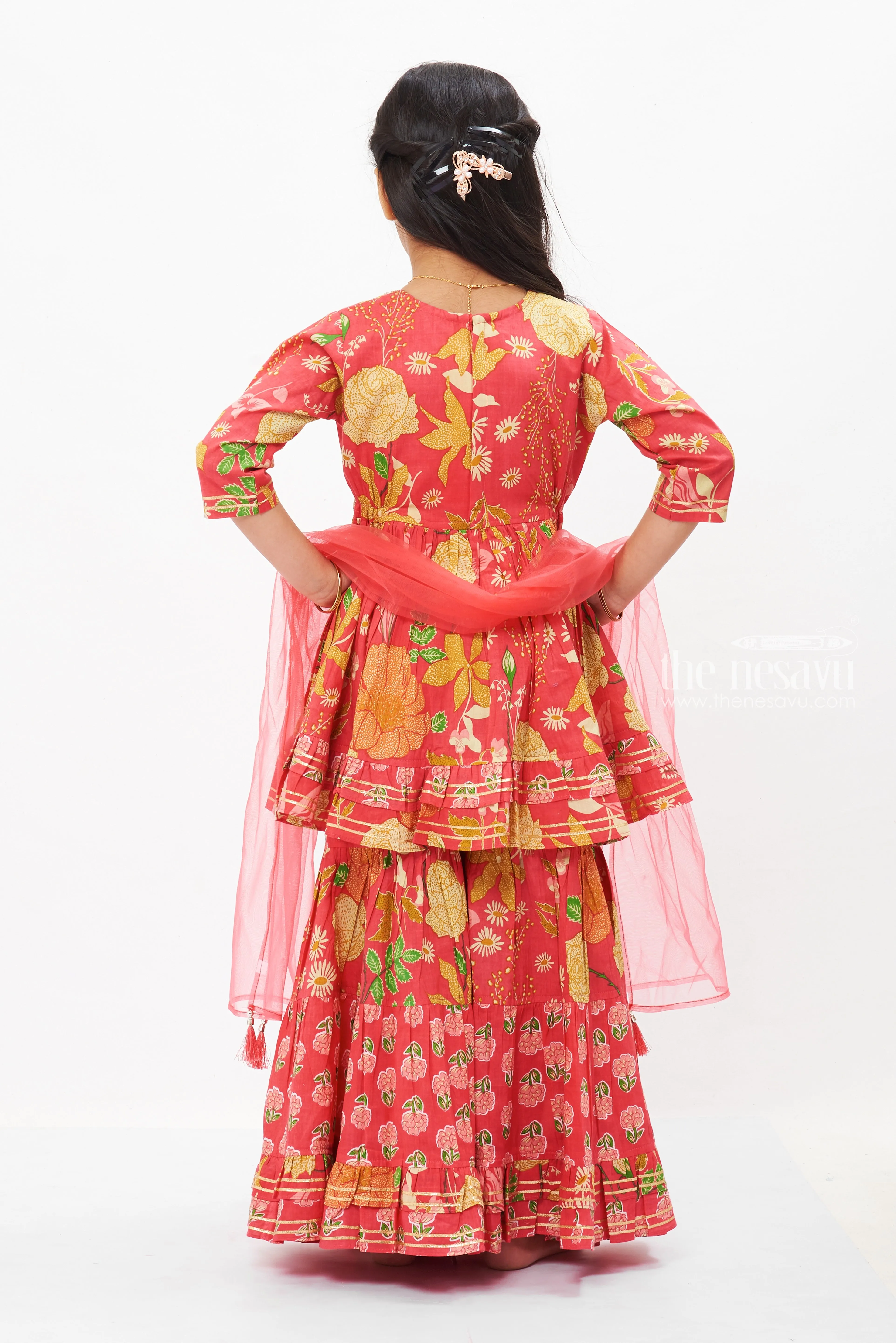 Girls Enchanted Pink Floral Sharara Set - Elegance for Eid, Diwali & Beyond