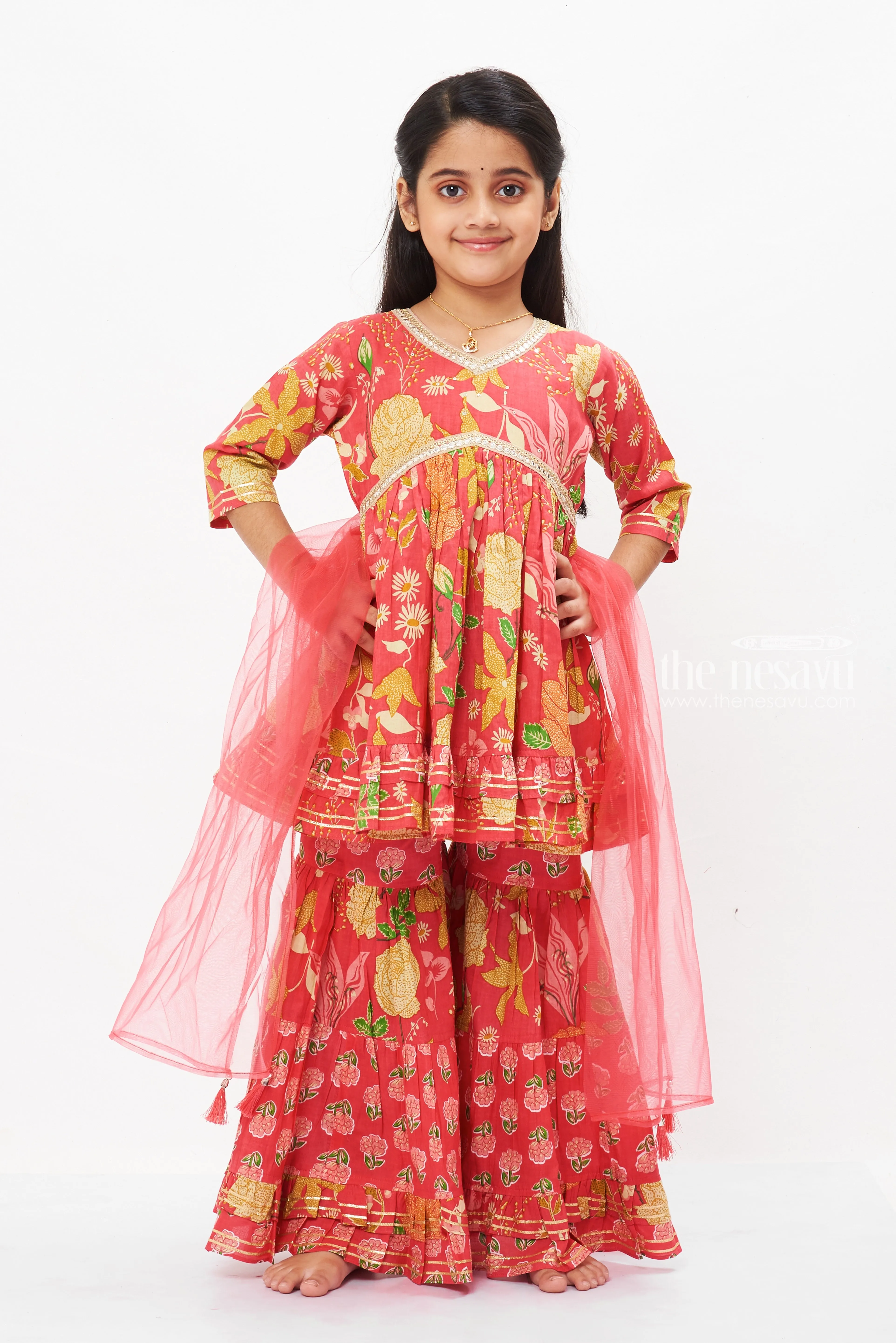 Girls Enchanted Pink Floral Sharara Set - Elegance for Eid, Diwali & Beyond