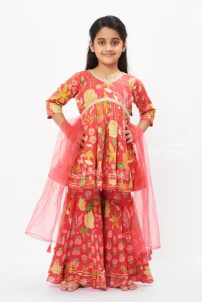 Girls Enchanted Pink Floral Sharara Set - Elegance for Eid, Diwali & Beyond