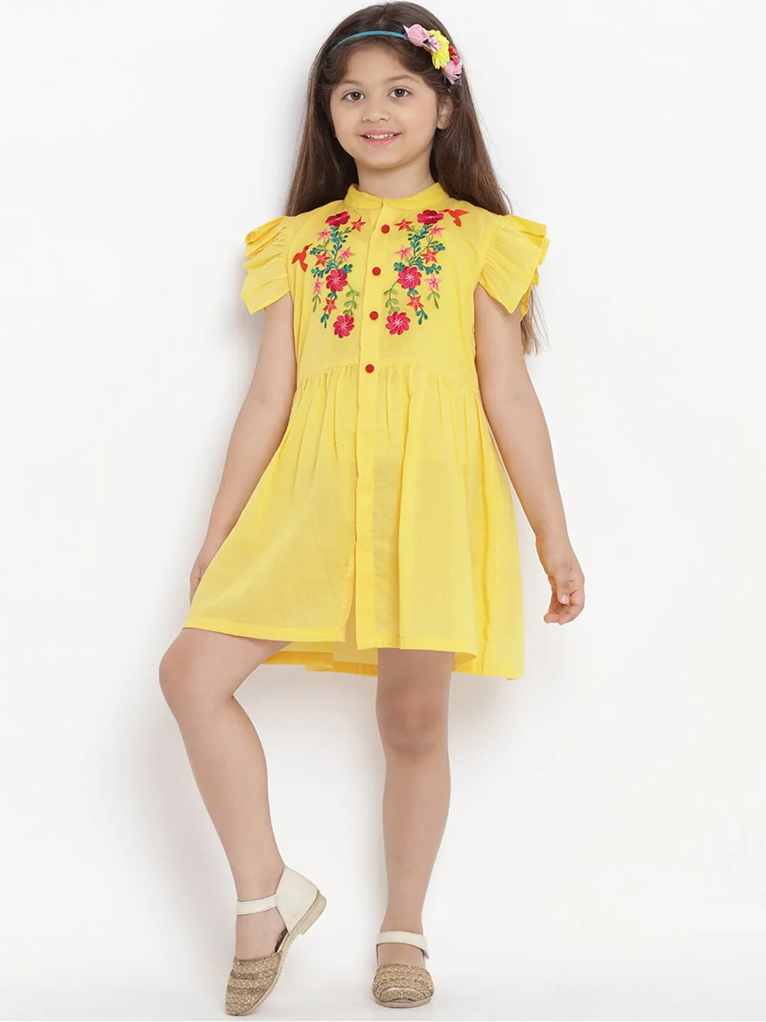 Girl's Yellow Solid Shirt-Type Dress  - NOZ2TOZ KIDS