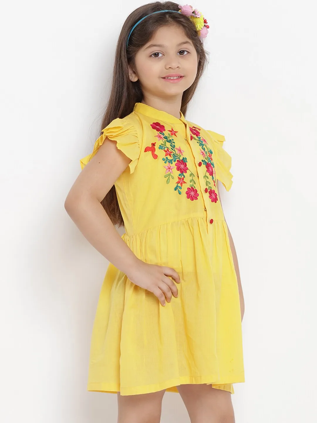 Girl's Yellow Solid Shirt-Type Dress  - NOZ2TOZ KIDS