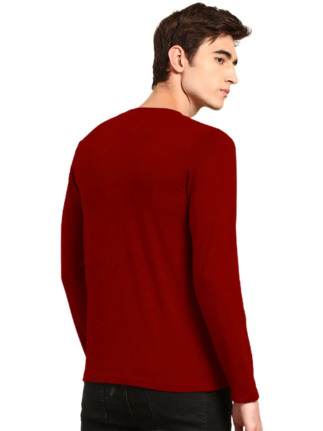 Henley Neck Full Sleeve Solid Maroon Plain Cotton Tshirt By LazyChunks