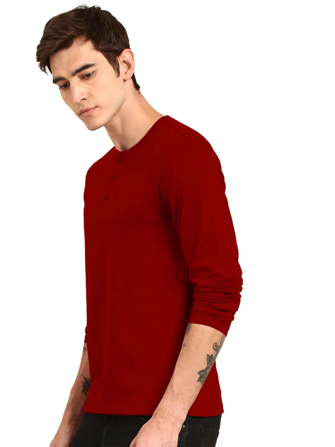 Henley Neck Full Sleeve Solid Maroon Plain Cotton Tshirt By LazyChunks