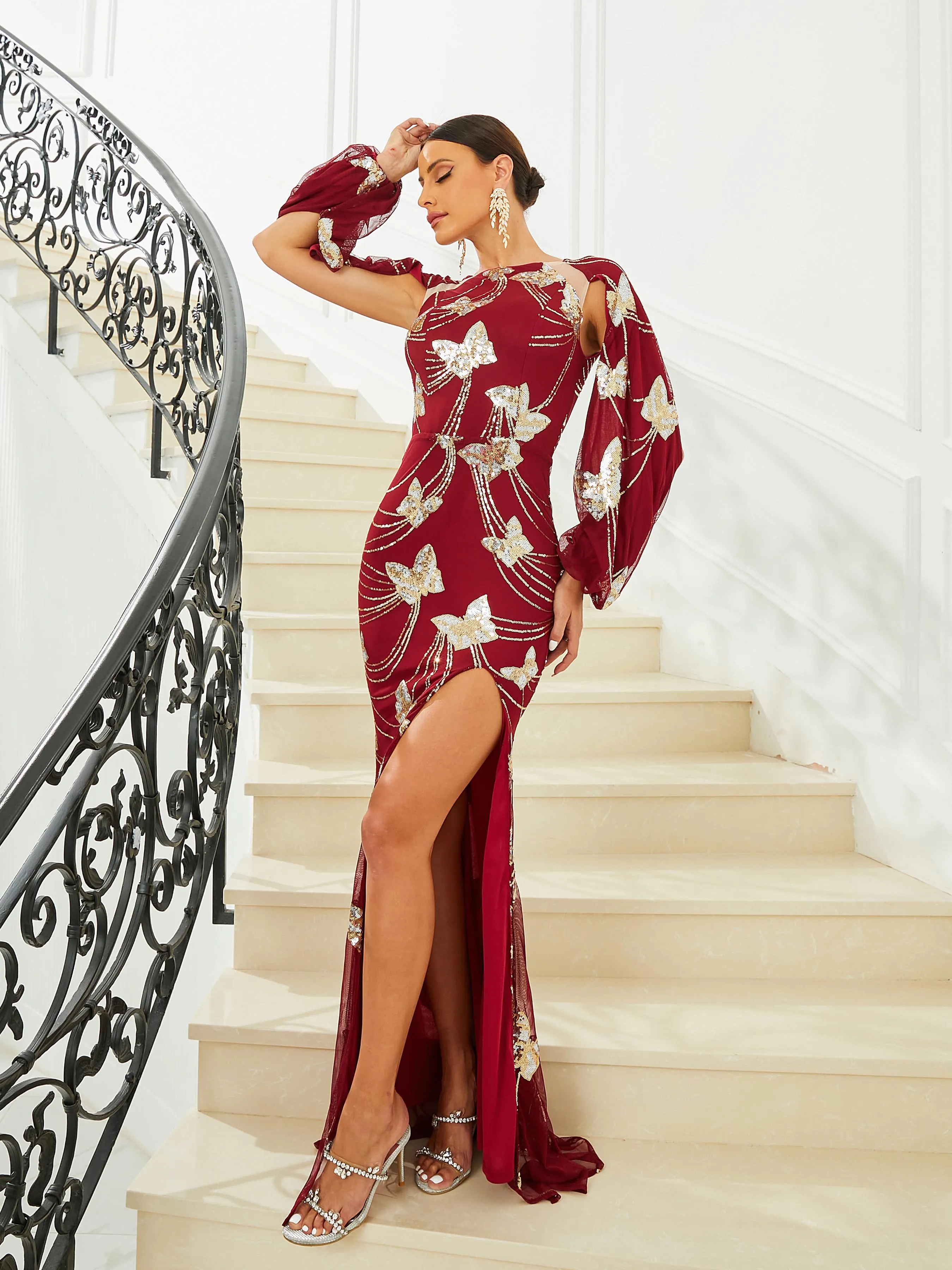 High Split Cutout Butterfly Sequin Evening Dress RH30726