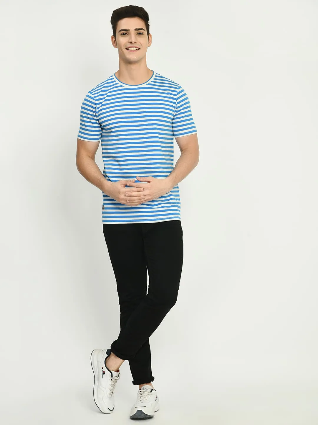 Men's Blue White Striped Knitted T-Shirt