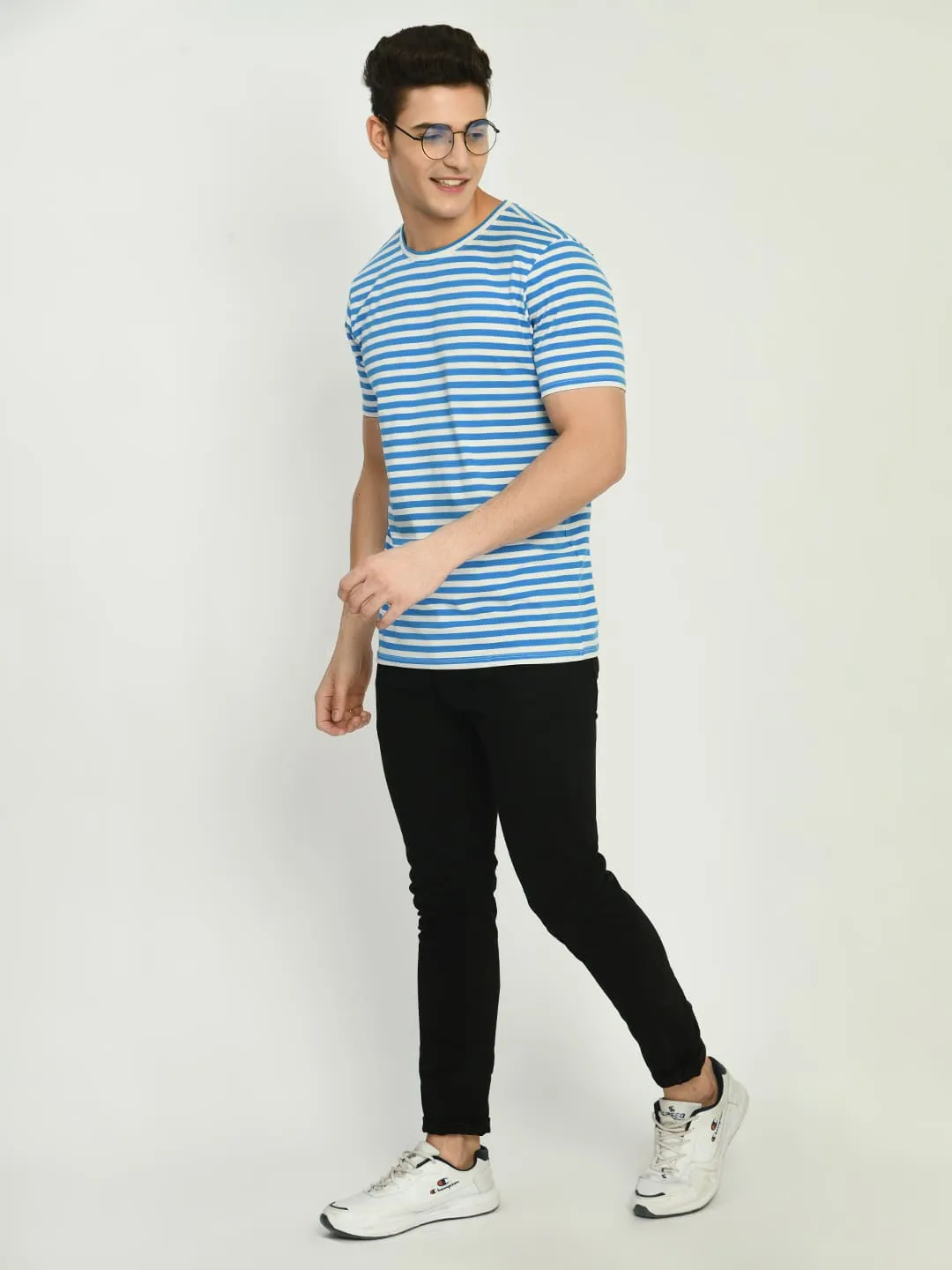Men's Blue White Striped Knitted T-Shirt