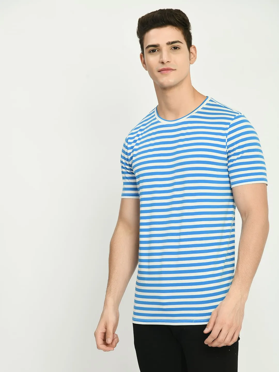 Men's Blue White Striped Knitted T-Shirt