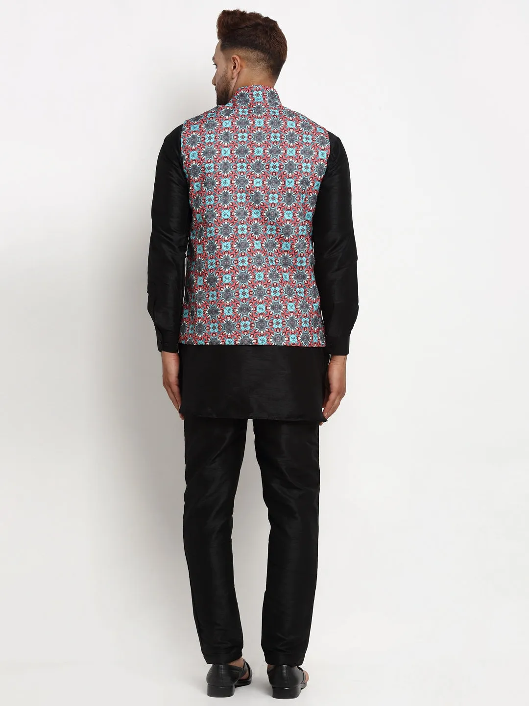 Men's Silk Blend Black Kurta With Pyjama & Sky Blue Printed Nehru Jacket - Benstoke