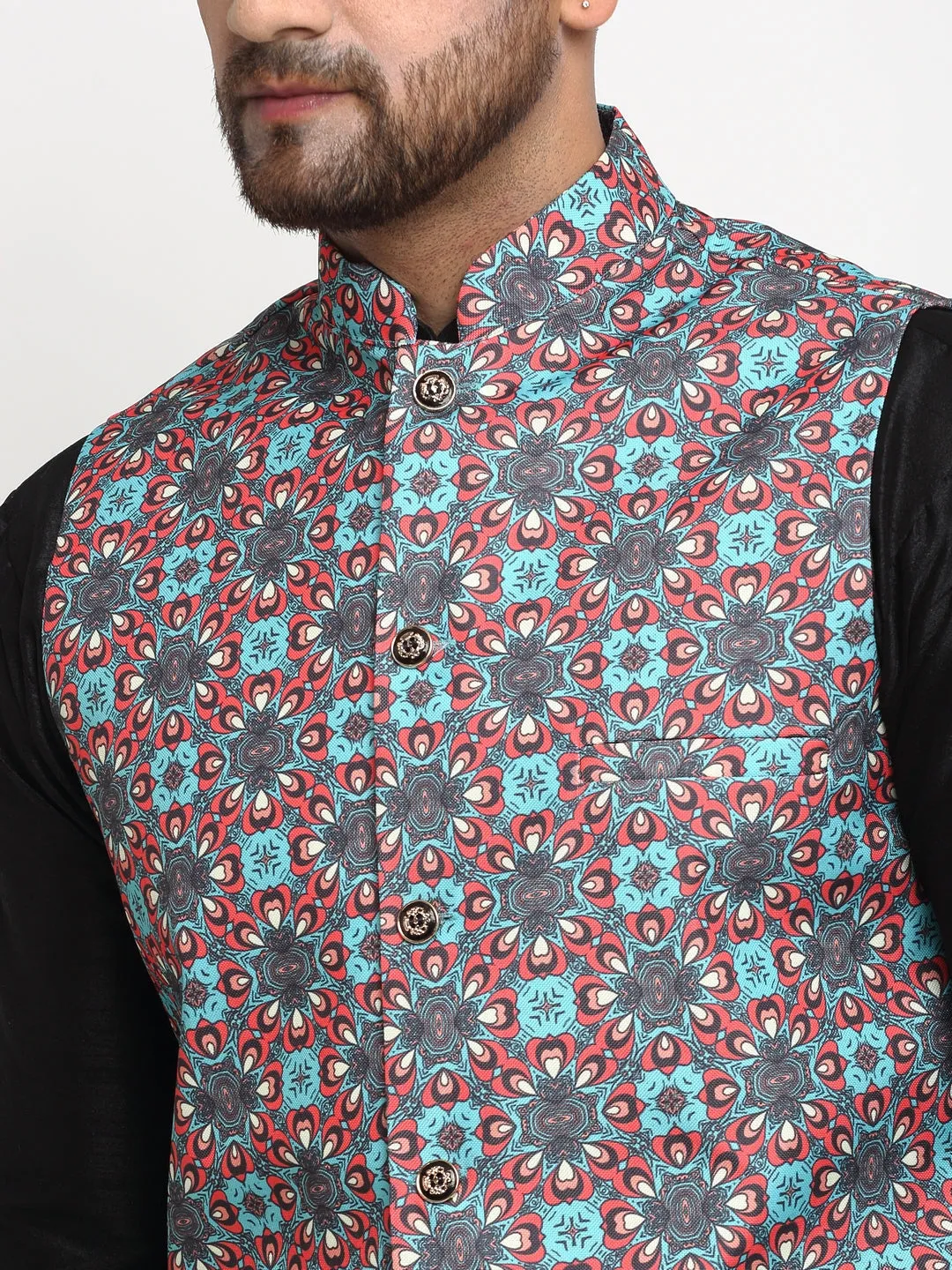 Men's Silk Blend Black Kurta With Pyjama & Sky Blue Printed Nehru Jacket - Benstoke