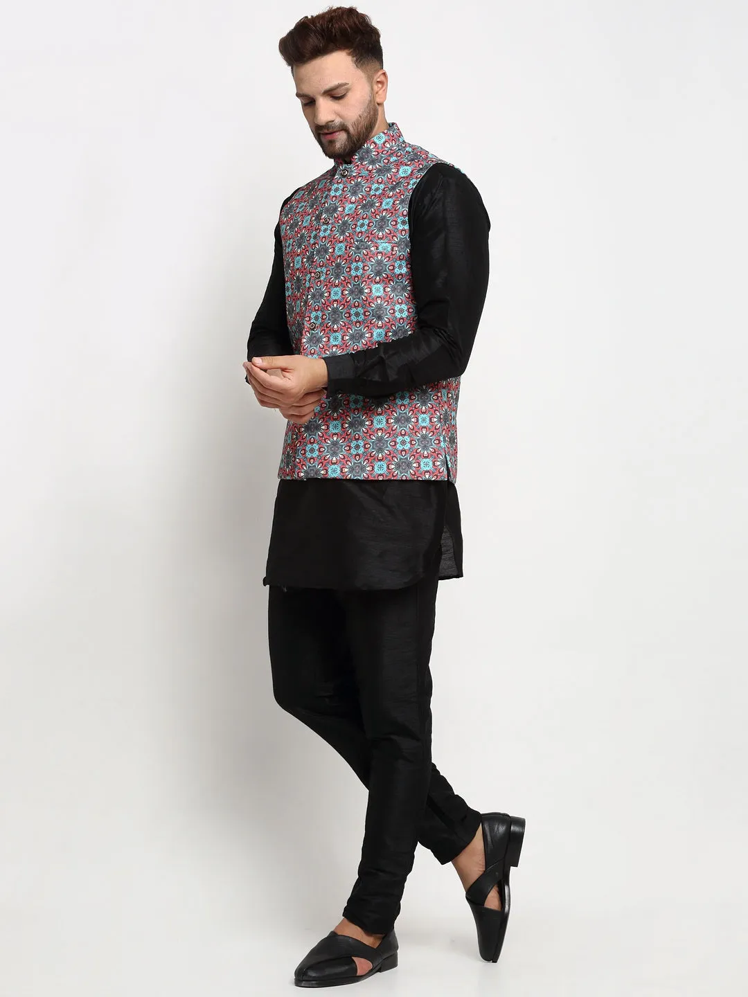 Men's Silk Blend Black Kurta With Pyjama & Sky Blue Printed Nehru Jacket - Benstoke