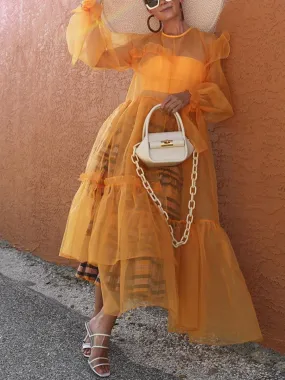 Mesh Stitching Long-sleeved Loose Dress