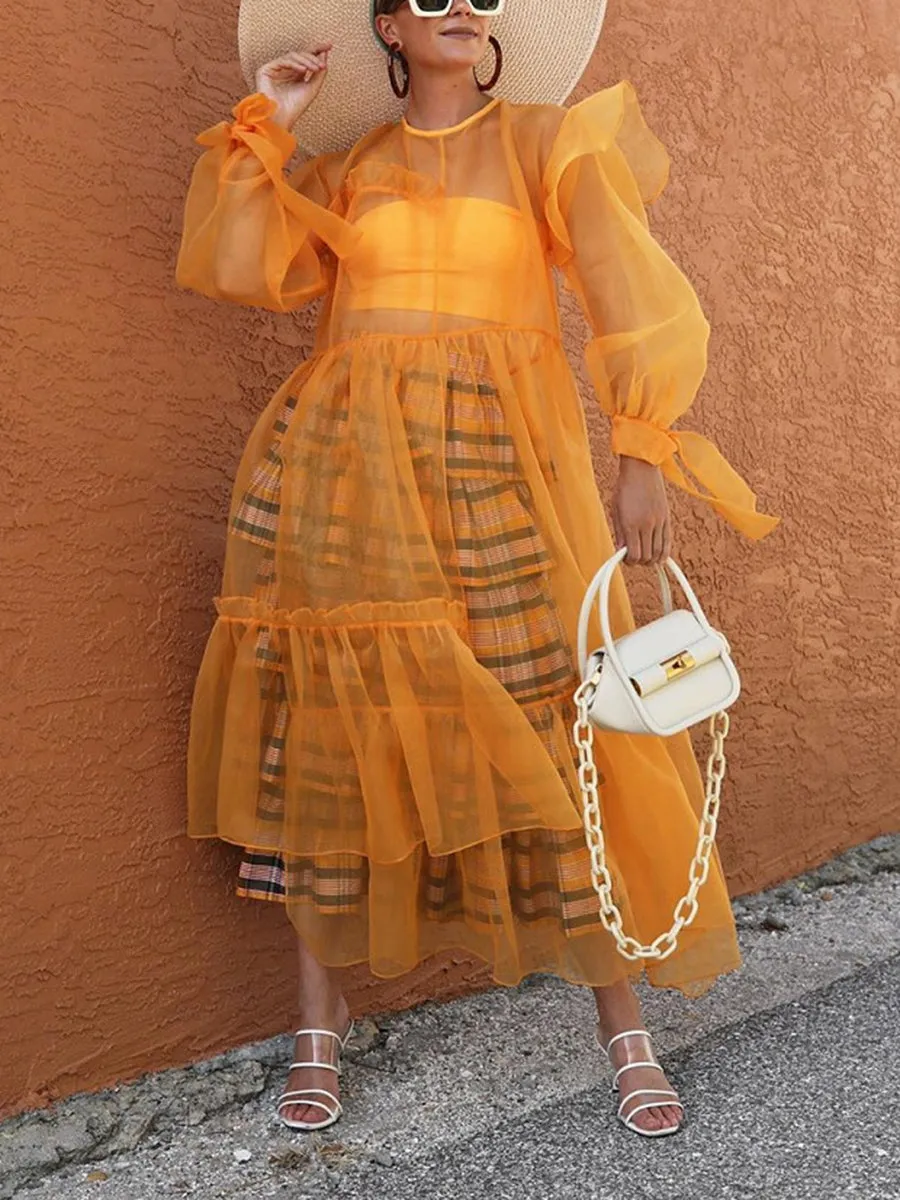 Mesh Stitching Long-sleeved Loose Dress