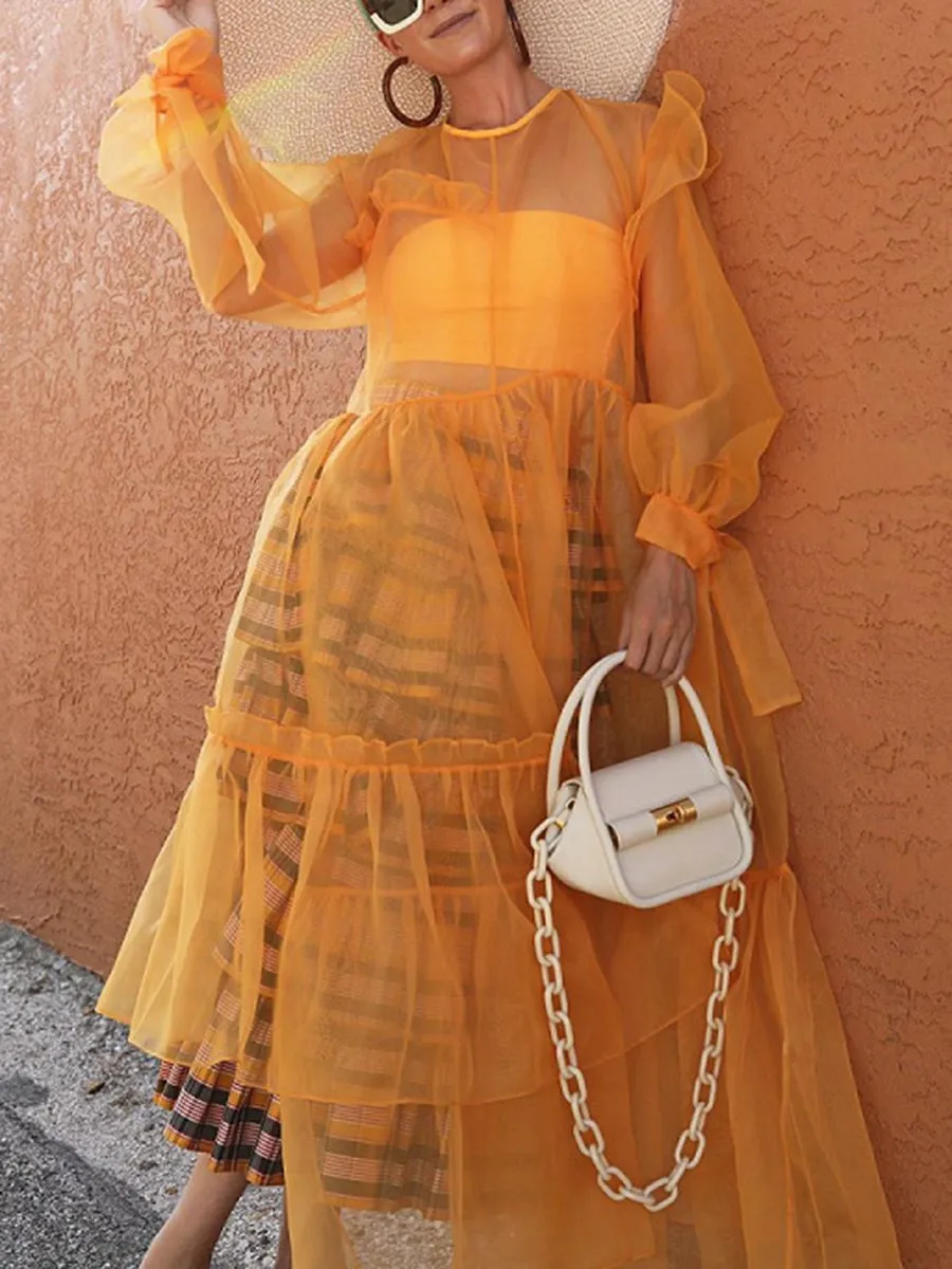 Mesh Stitching Long-sleeved Loose Dress