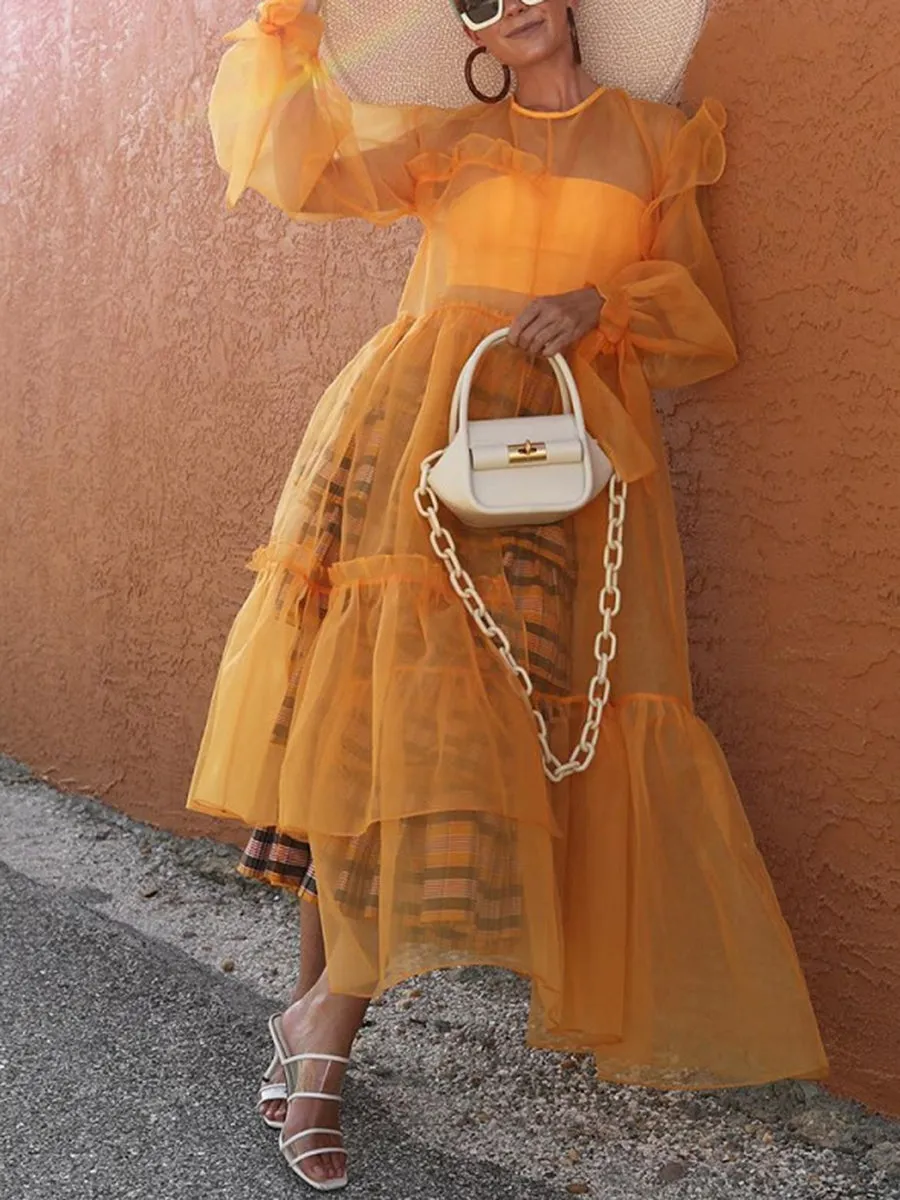 Mesh Stitching Long-sleeved Loose Dress