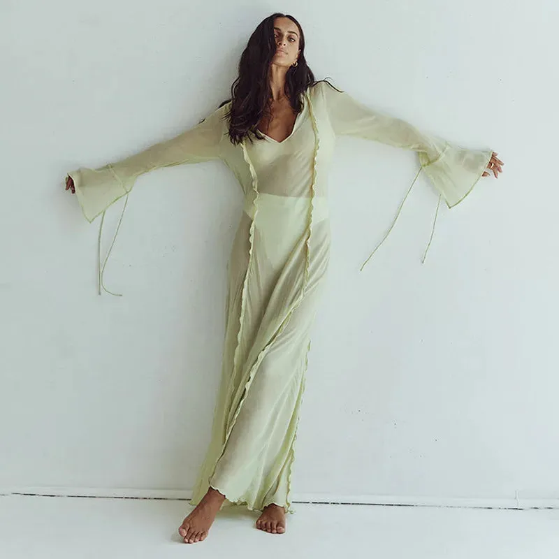 Mesh Transparent Flare Sleeve Cover-Ups Maxi Dress