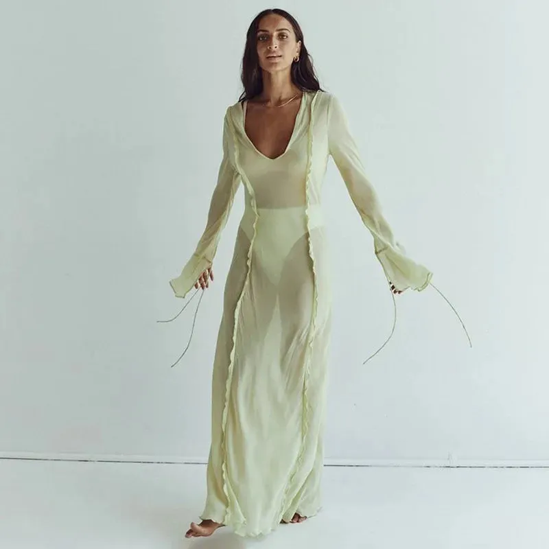 Mesh Transparent Flare Sleeve Cover-Ups Maxi Dress
