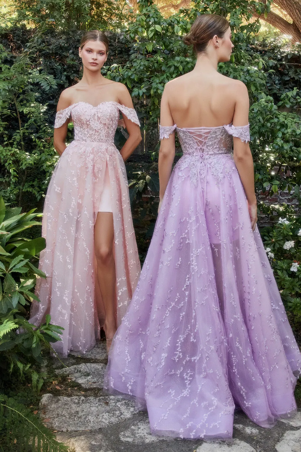 Off the Shoulder Glitter Lace Tulle A-line with Short Skirt Gown Andrea & Leo Couture - A1207