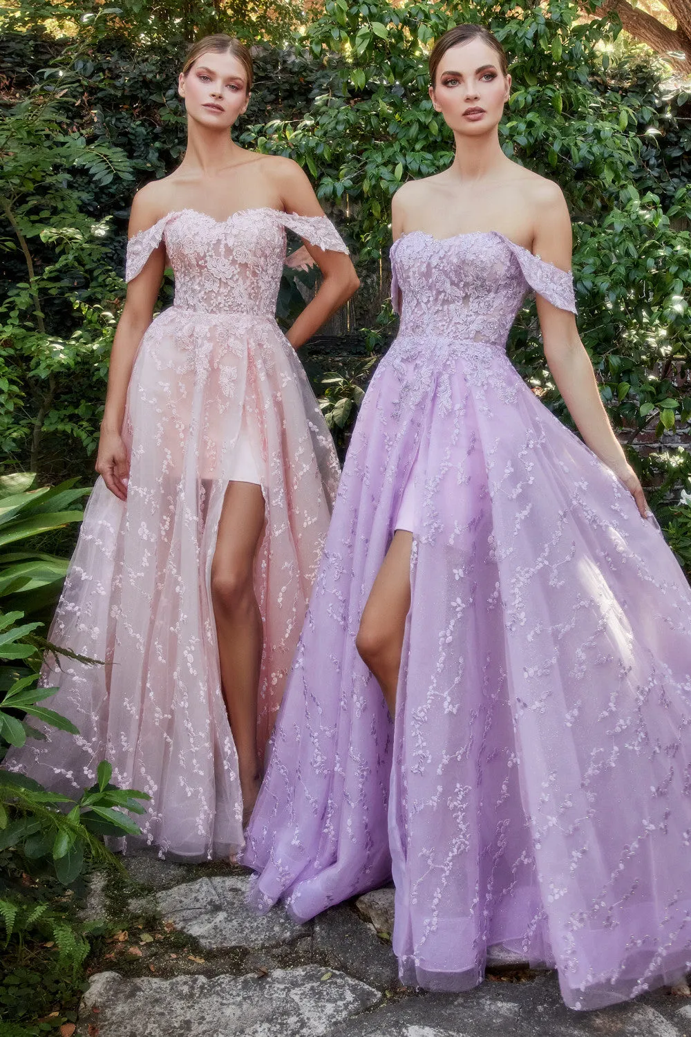 Off the Shoulder Glitter Lace Tulle A-line with Short Skirt Gown Andrea & Leo Couture - A1207