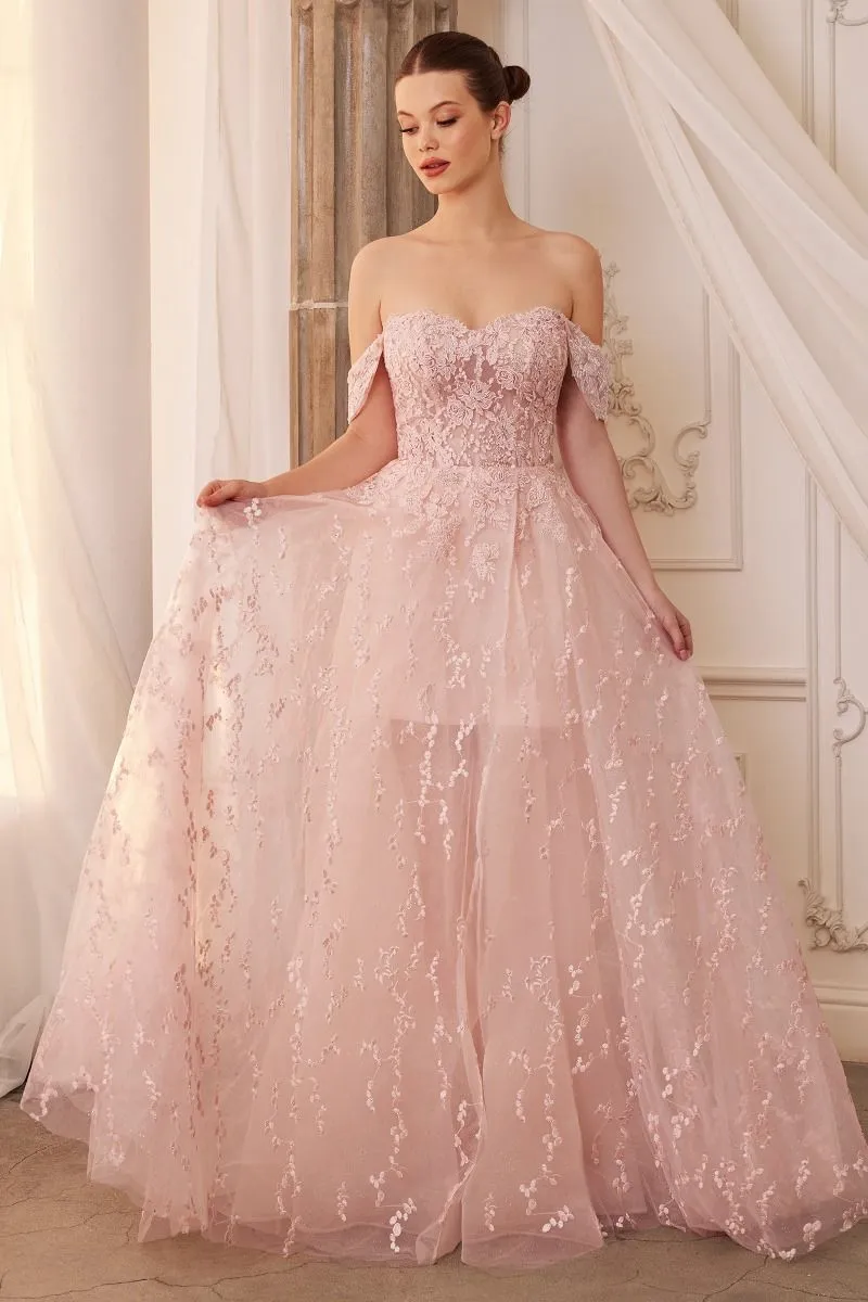 Off the Shoulder Glitter Lace Tulle A-line with Short Skirt Gown Andrea & Leo Couture - A1207