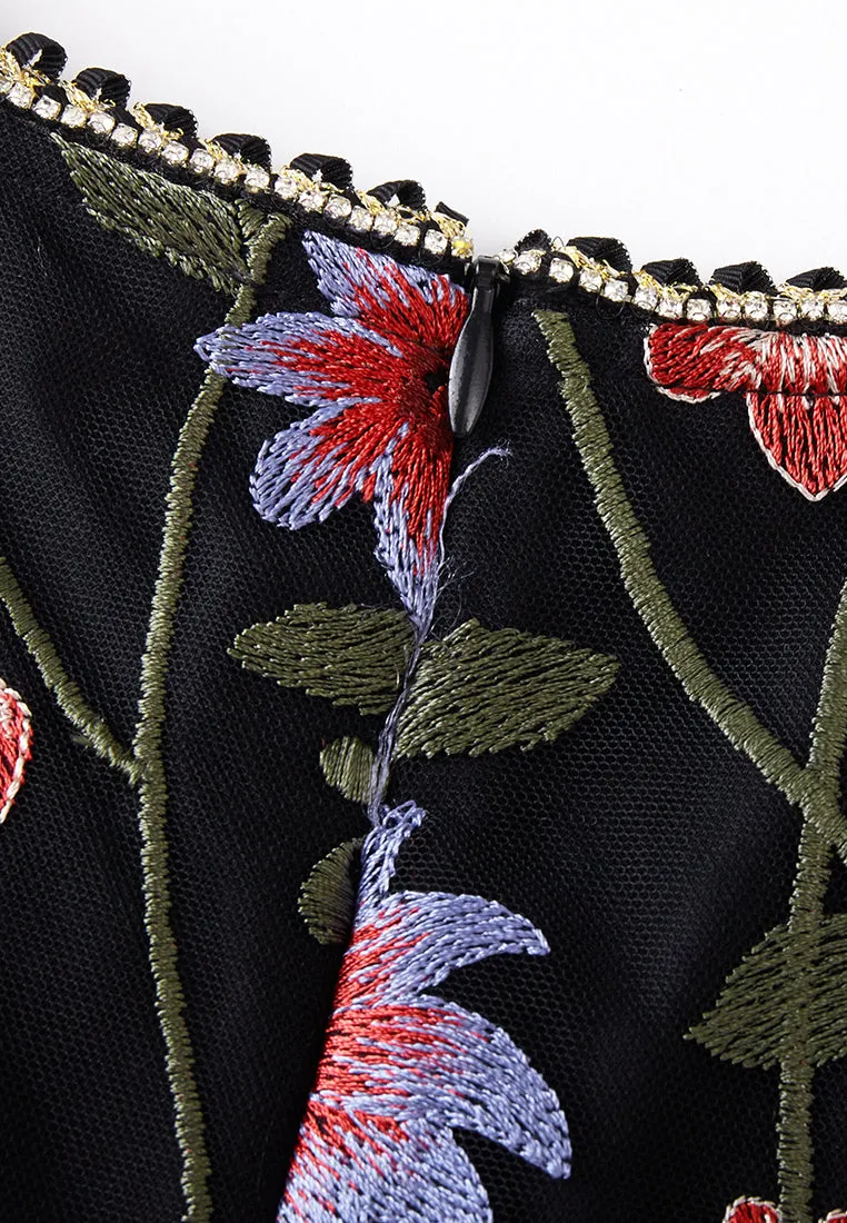 Oriental Embroidered Mesh Maxi Dress