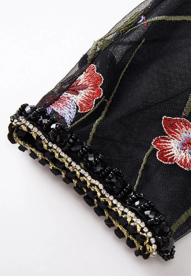 Oriental Embroidered Mesh Maxi Dress