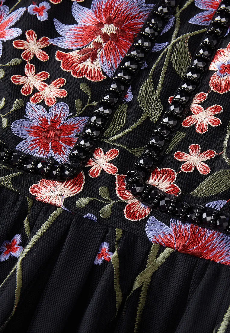 Oriental Embroidered Mesh Maxi Dress