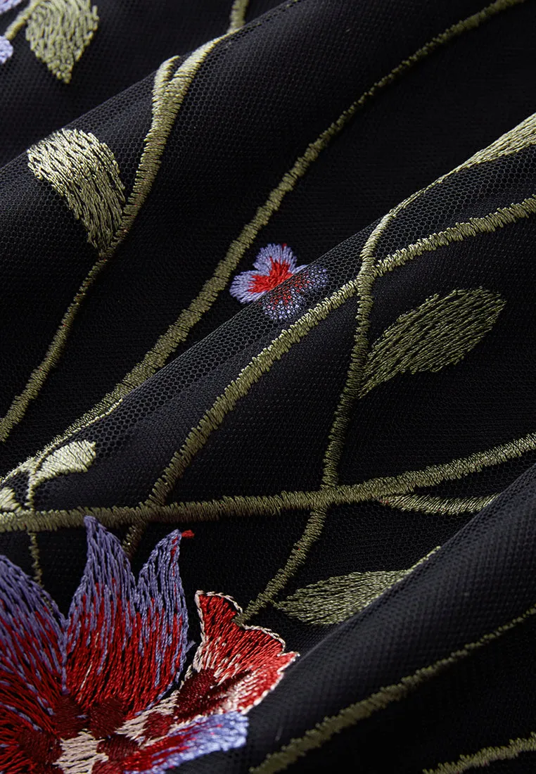 Oriental Embroidered Mesh Maxi Dress