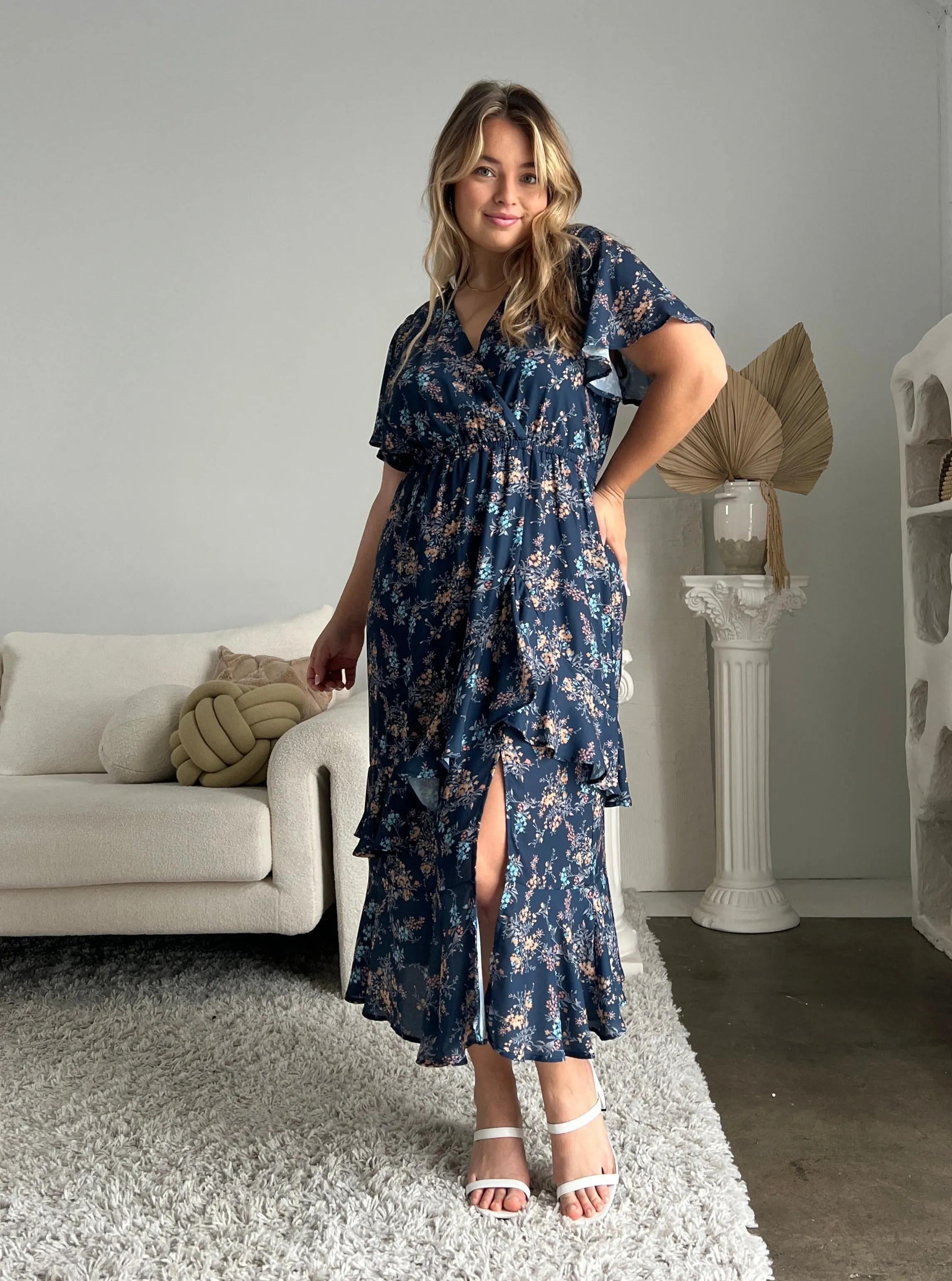 Plus Size Surpliced Floral Midi Dress