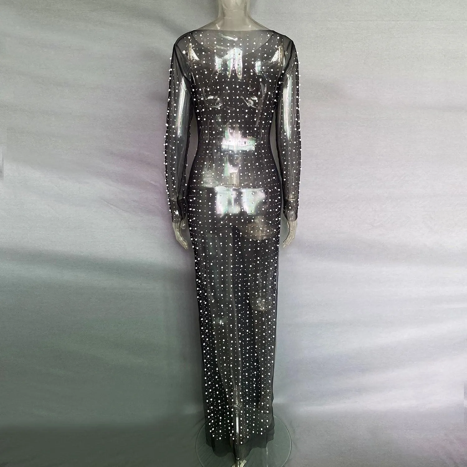 See Through Sparkle Rhinestone Pearl Mesh Maxi Dress SKD21067