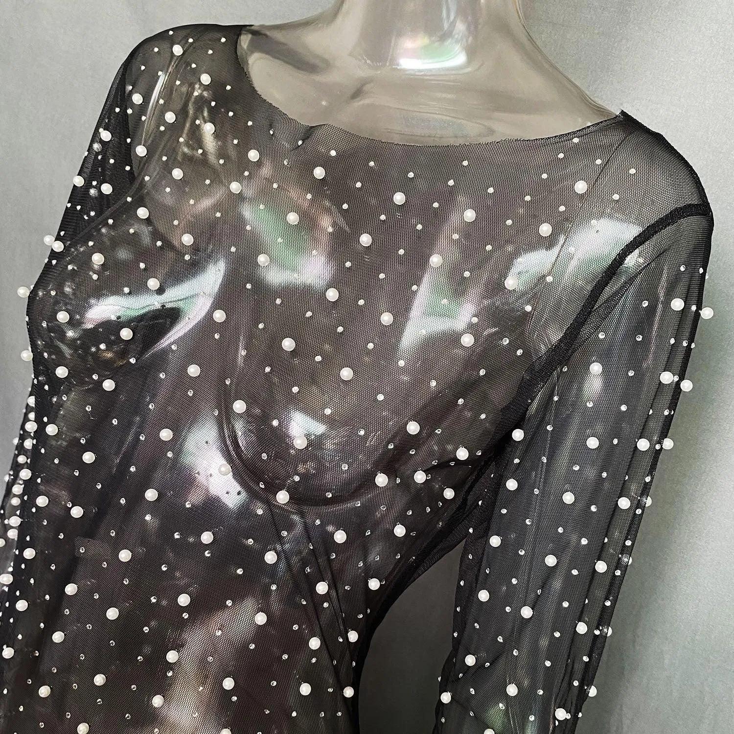 See Through Sparkle Rhinestone Pearl Mesh Maxi Dress SKD21067