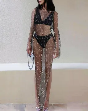 See Through Sparkle Rhinestone Pearl Mesh Maxi Dress SKD21067