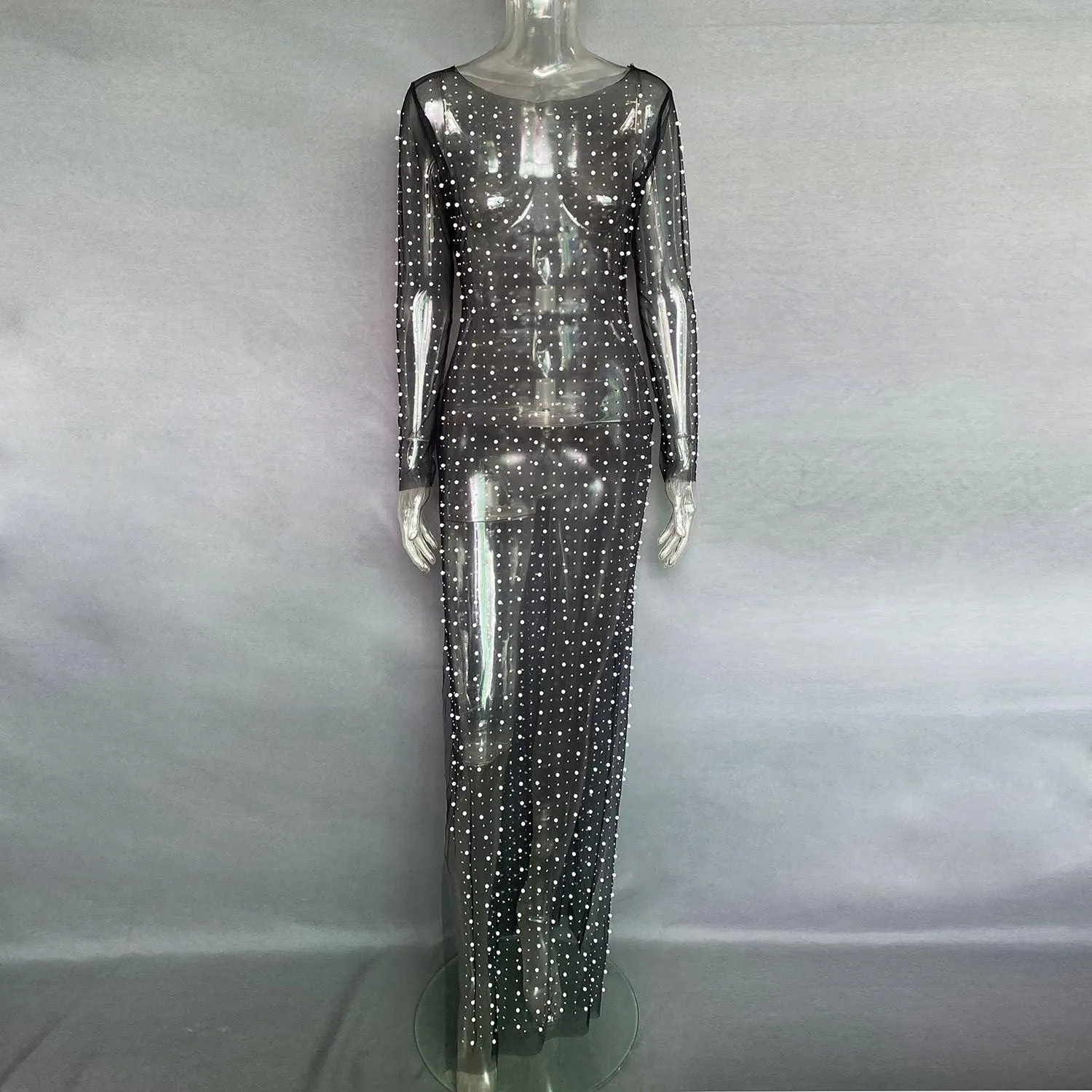 See Through Sparkle Rhinestone Pearl Mesh Maxi Dress SKD21067