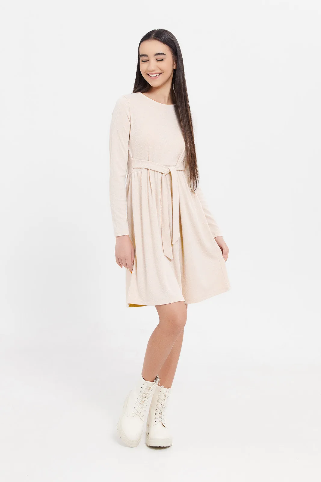 Senior Girls Beige Loose Knit Dress