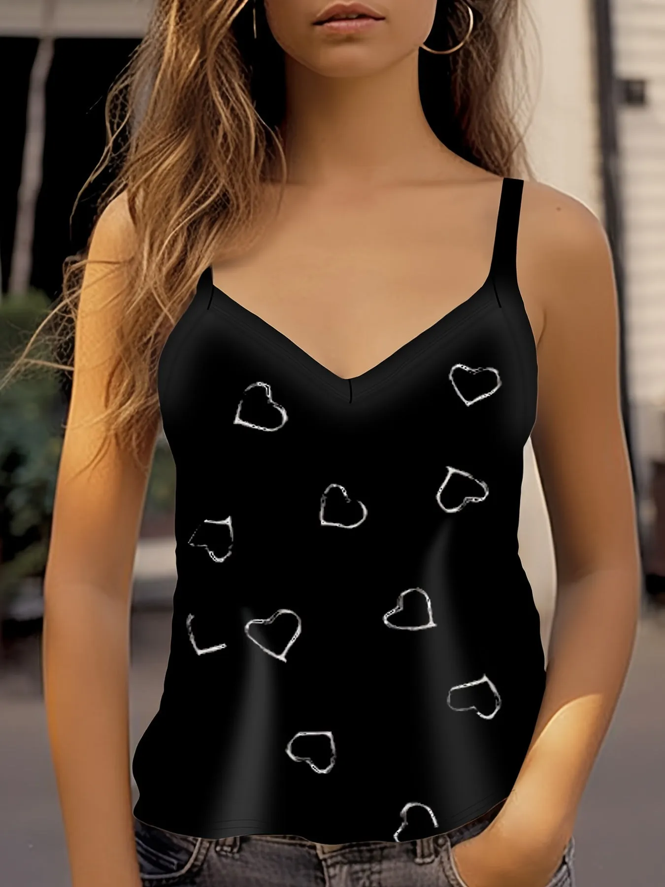 Stylish Plus Size Heart Print VNeck Cami Top for Women