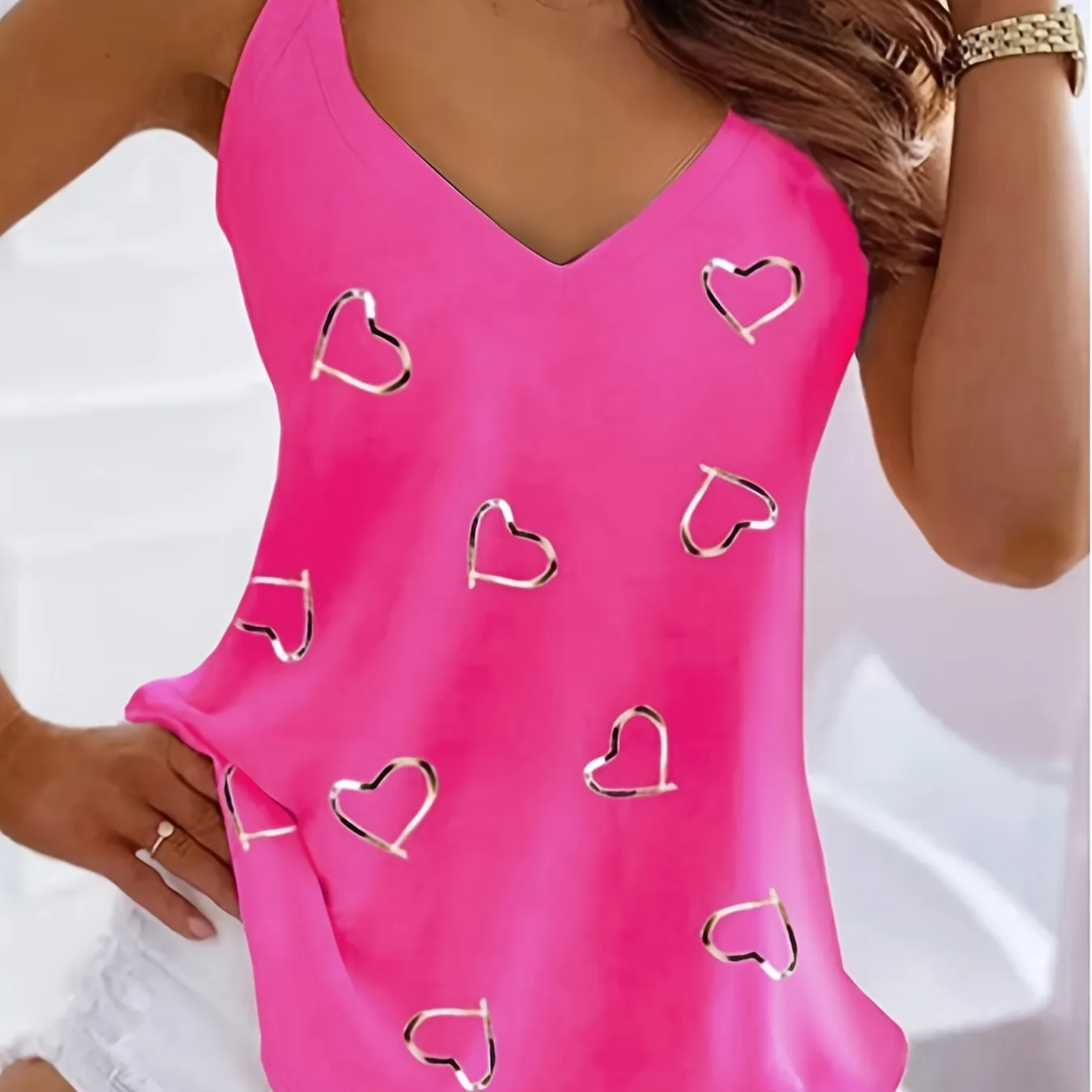 Stylish Plus Size Heart Print VNeck Cami Top for Women