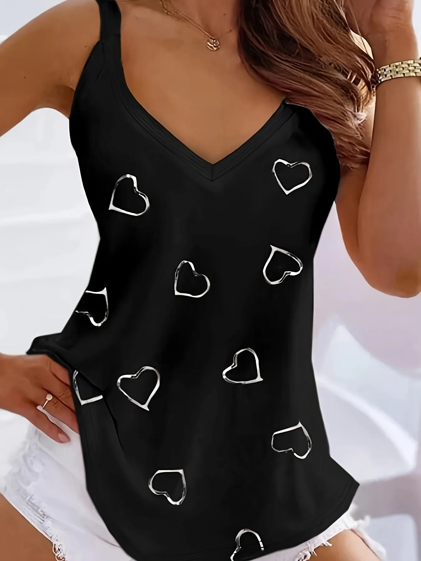 Stylish Plus Size Heart Print VNeck Cami Top for Women