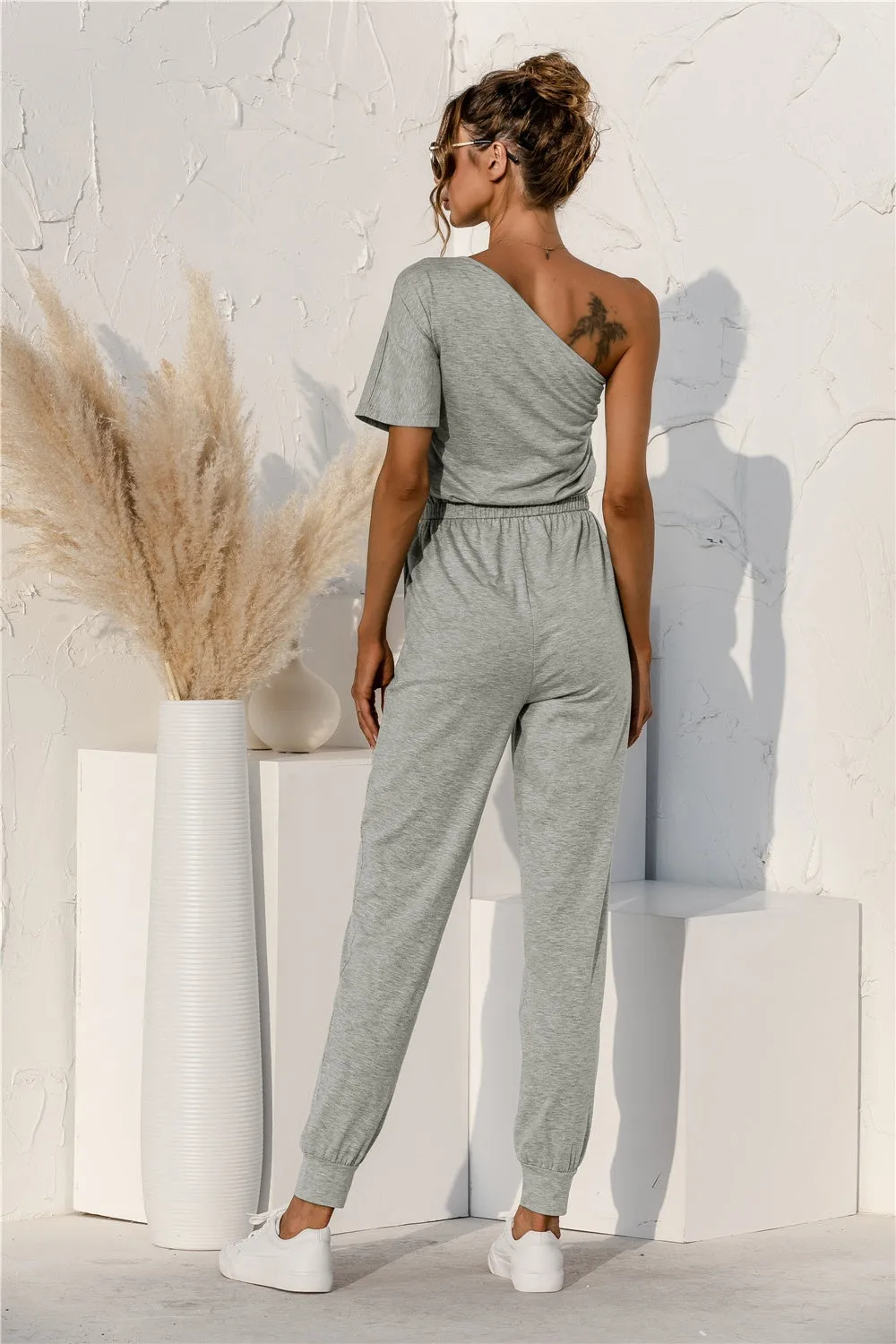 TEEK - Heather Grey Single Shoulder Short Sleeve Jumpsuit
